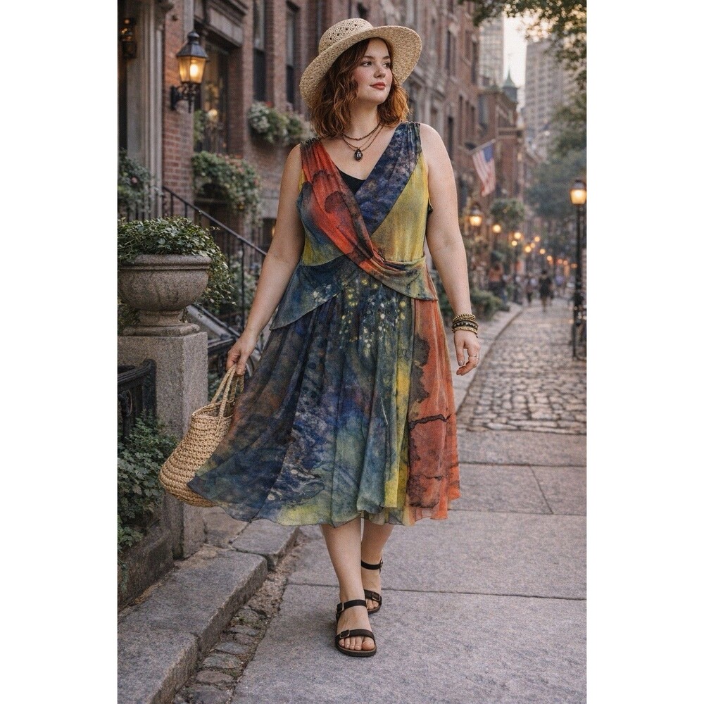 Elana Kattan Abstract Mesh Dress XL Art To Wear Artsy Faux Wrap USA Colorful